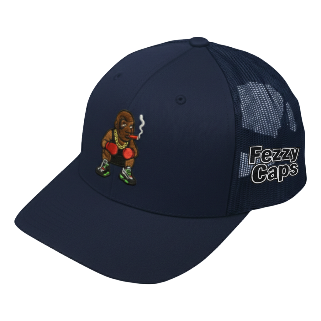 Navy blue cap with a cartoon bear smoking and 'Fezzy Caps' branding on a white background