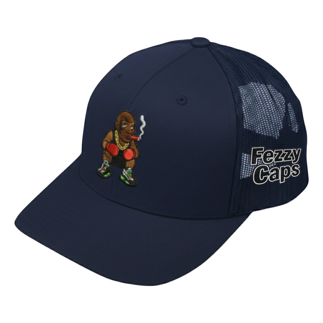 Navy blue cap with a cartoon bear smoking and 'Fezzy Caps' branding on a white background