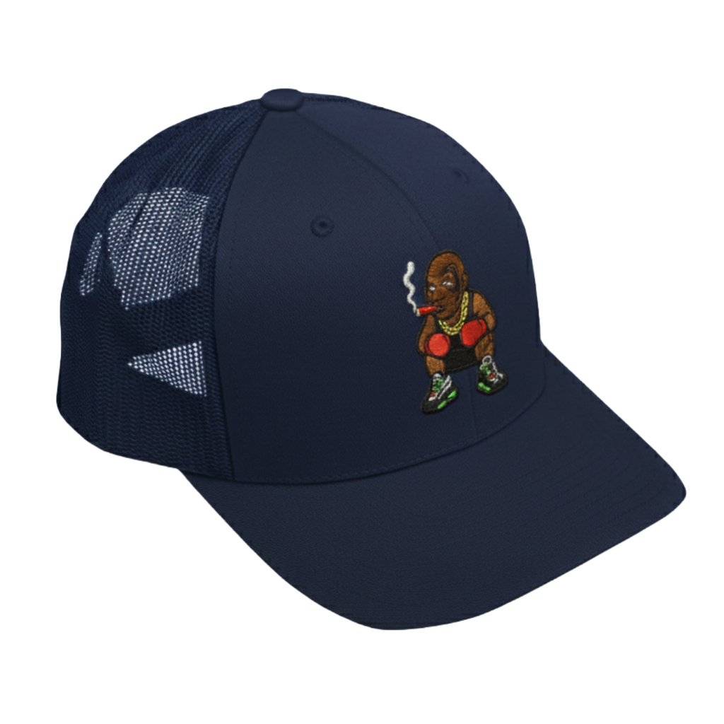 Navy blue cap with a graphic of a bear smoking a cigarette on a white background