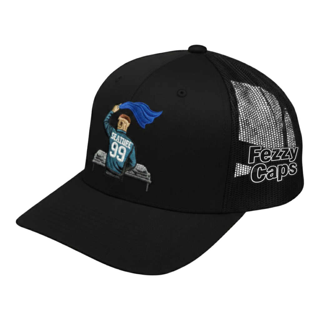 Black trucker cap with embroidered design and 'Fezzy Caps' branding on a white background