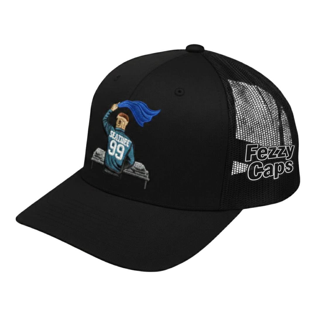 Black trucker cap with embroidered design and 'Fezzy Caps' branding on a white background