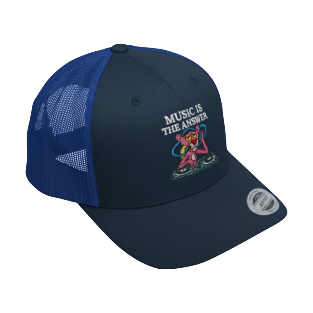 Navy blue cap with blue mesh back and 'Music is the Answer' text and graphic on a white background